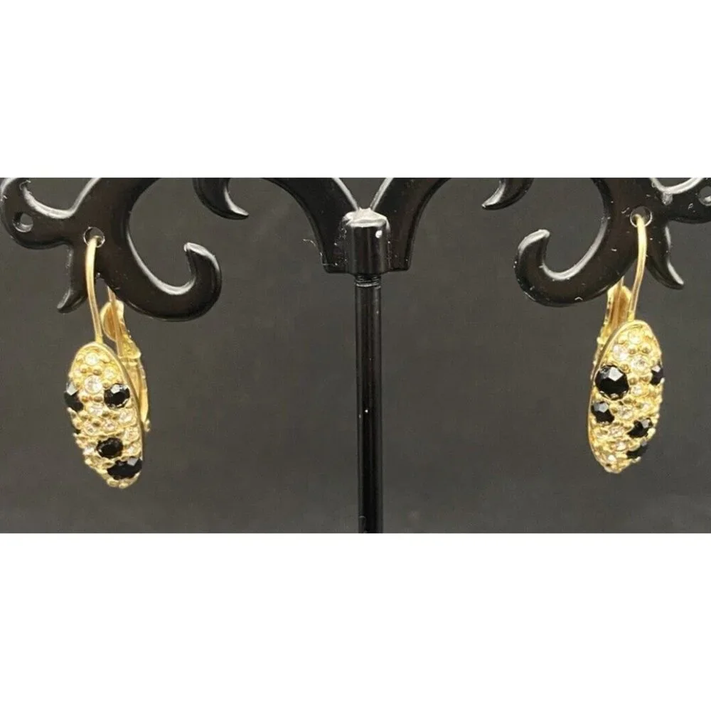 Vintage Swarovski for Avon Earrings Black Crystal Pave Gold Plated Drop Pierced - Picture 3 of 10